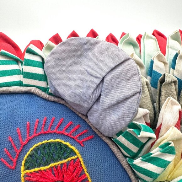 Vintage 1970s Embroidered Patchwork Blue Green Cat Pillow rare one of a kind spi - Picture 6 of 13